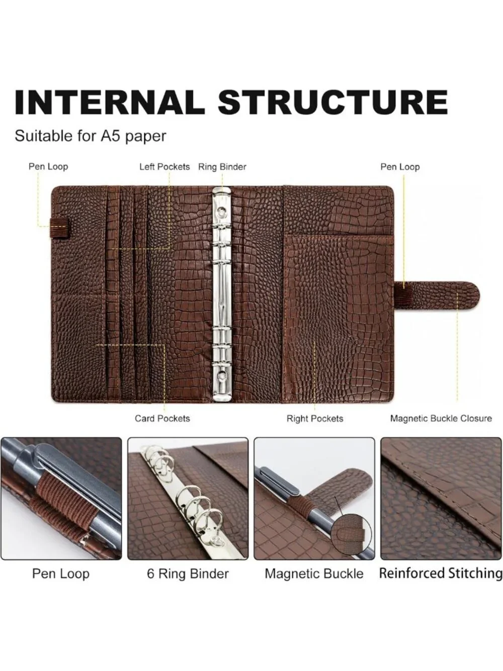 Crocodile-Embossed Refillable 6 Ring Binder Cover, Magnetic Closure, Premium PU